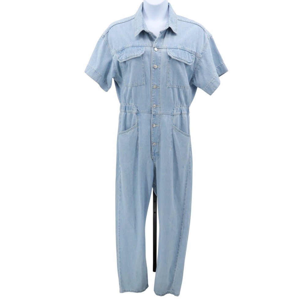 Free People We The Free Marci Denim Coverall Jumpsuit Clear Skies XL Light Wash - Picture 2 of 8